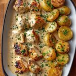 Pollo cremoso con ajo y hierbas y patatas crujientes 🧀🥔