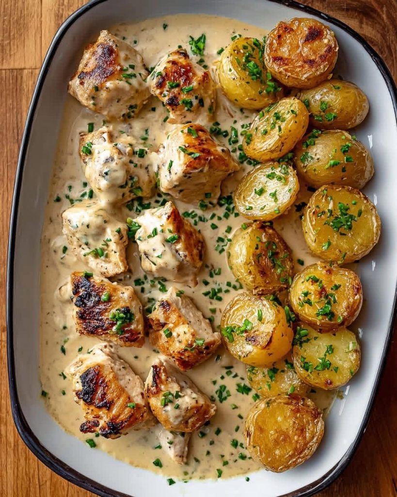 Pollo cremoso con ajo y hierbas y patatas crujientes 🧀🥔