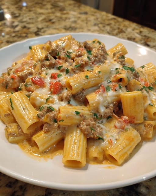 Pasta Rigatoni con Carne y Salsa Cremosa de Queso Velveeta
