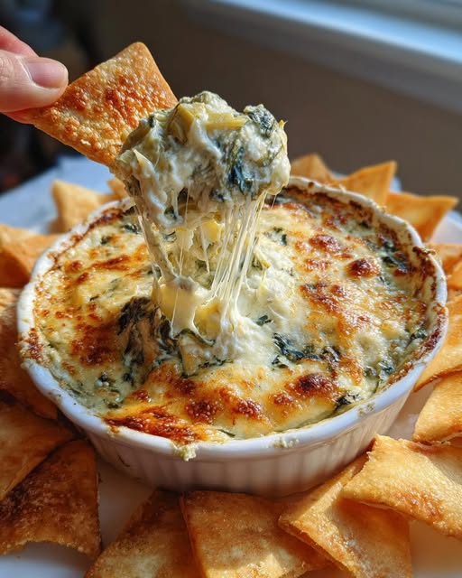 Dip de Espinacas y Alcachofas con Chips de Pita