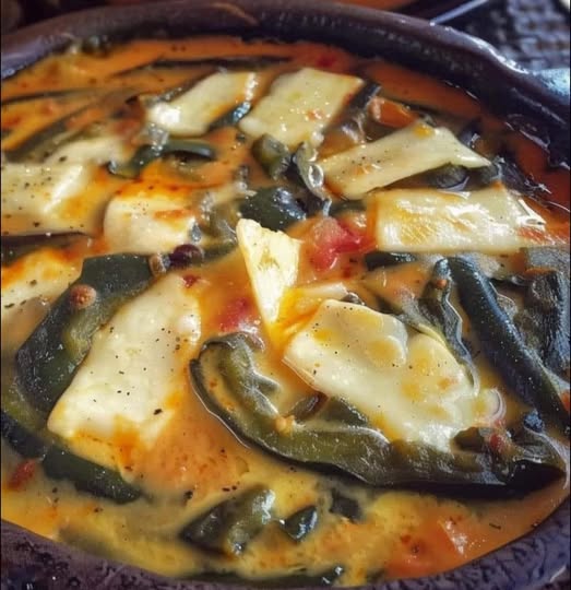 Rajas de Chile Poblano con Queso en Caldillo de Jitomate