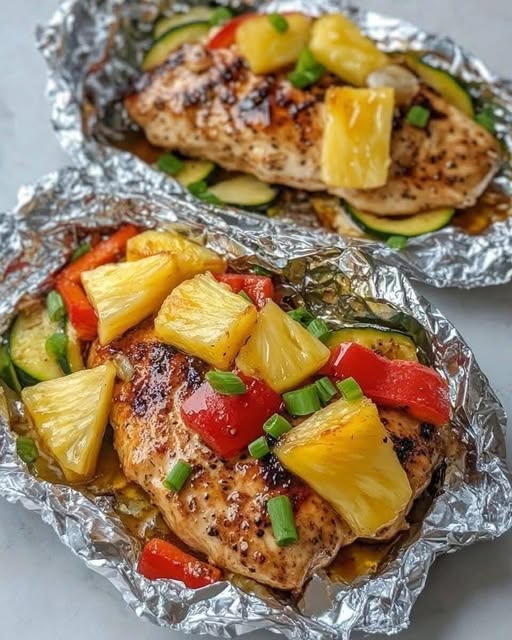 Paquetes de Pollo Teriyaki y Piña en Papel de Aluminio